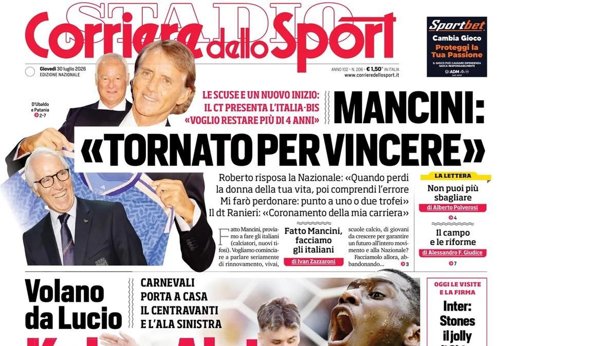 Ct Italia, Corriere dello Sport: "Mancini: tornato per vincere"