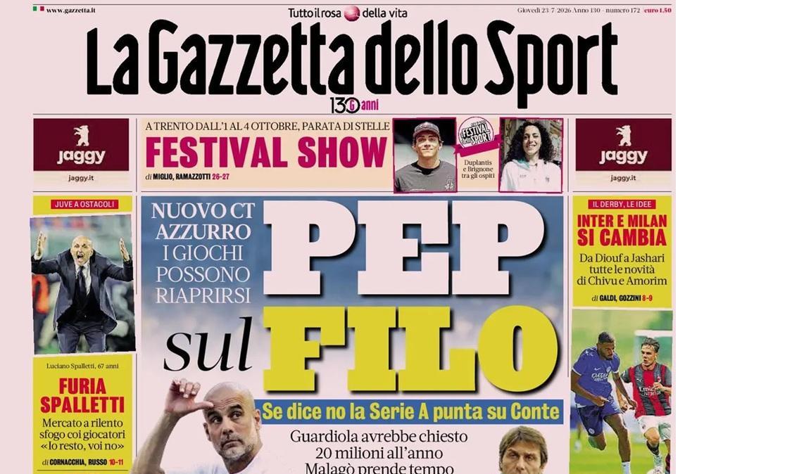 Nuovo ct Italia, La Gazzetta dello Sport: "Guardiola sul filo e rispunta Conte"