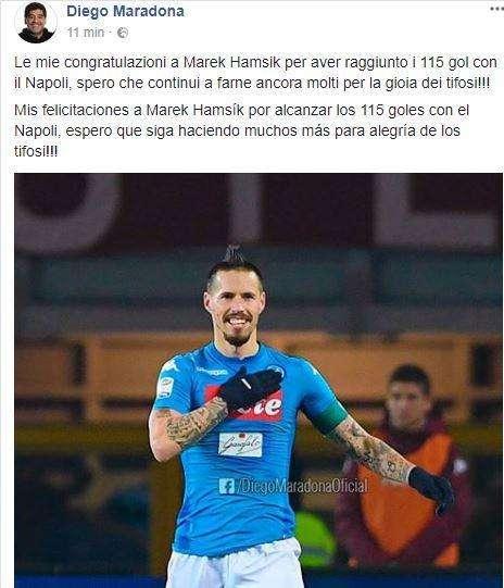 FOTO - Maradona applaude Hamsik: "Congratulazioni per i 115 gol, spero continui a farne ancora molti!"