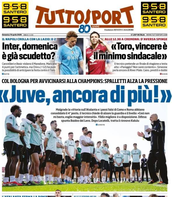 Tuttosport: "Il Napoli crolla con la Lazio. Inter, domenica è già Scudetto?"