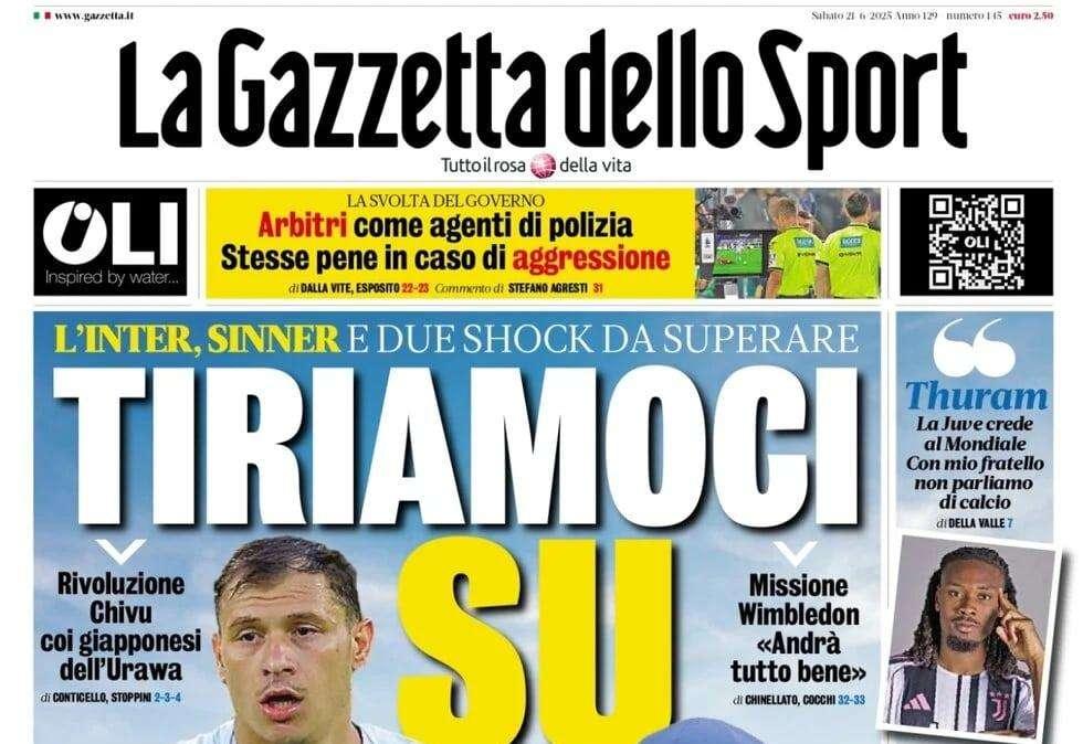 Gazzetta dello Sport accomuna l'Inter e Sinner: "Tiriamoci su"