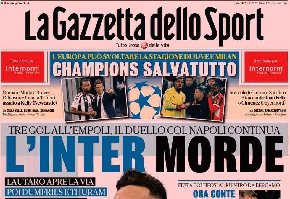 Gazzetta dello Sport: "L'Inter morde, prosegue duello col Napoli"