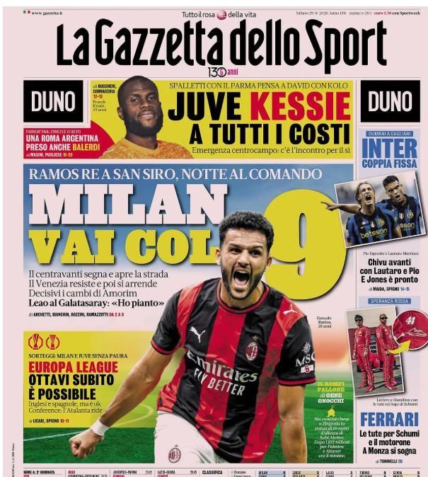 Il Milan vince ancora, La Gazzetta dello Sport titola:"Vai col 9"