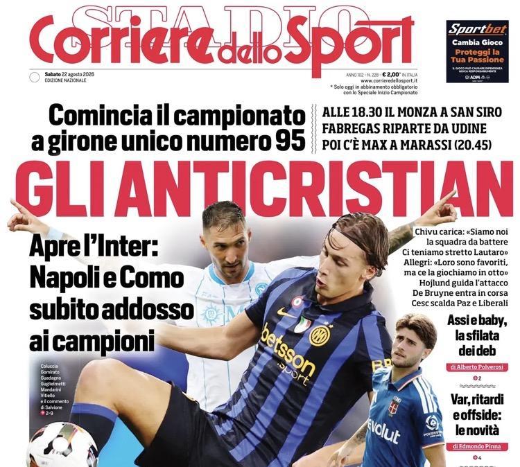Serie A al via, il Corriere dello Sport presenta la lotta all'Inter: "Gli Anticristian"