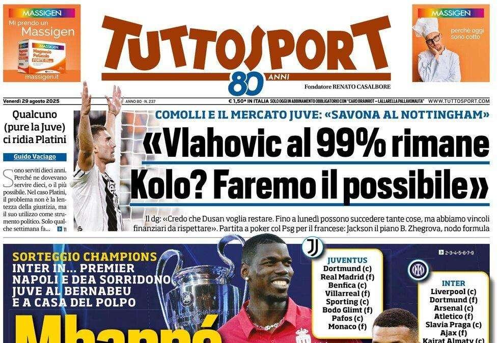 Tuttosport: "Sorteggio Champions, Napoli e Atalanta sorridono"