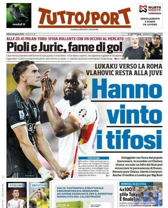 PRIMA PAGINA - Tuttosport su Lukaku-Roma e Juve-Vlahovic: "Hanno vinto i tifosi"