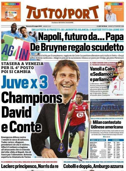 L'apertura di Tuttosport: "Juve X 3. Champions, David e Conte!"