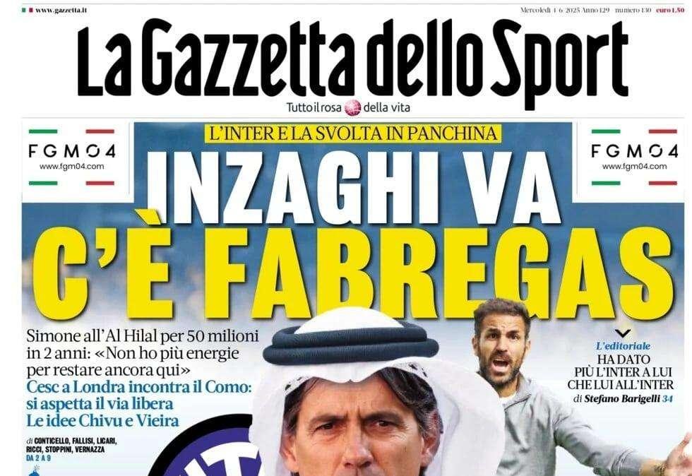 Rivoluzione Inter, Gazzetta dello Sport: "Inzaghi va, c'è Fabregas"