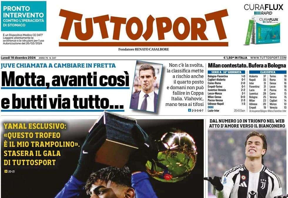 Tuttosport sulla Juventus: "Motta, avanti così e butti via tutto"