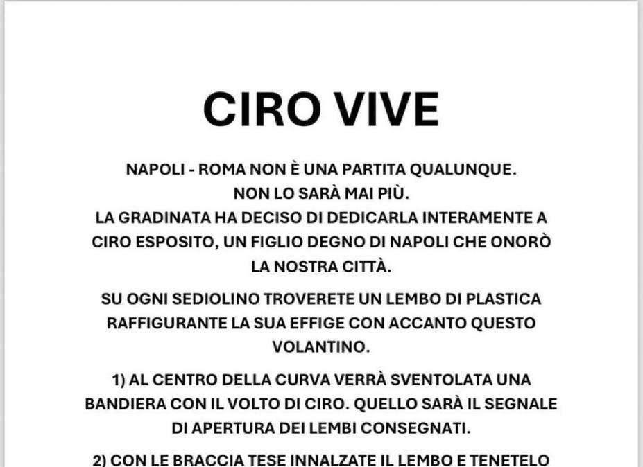Napoli-Roma, volantino Curva B per la coreografia per Ciro Esposito: le indicazioni
