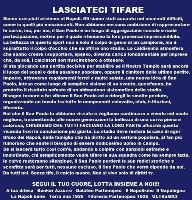 FOTO - I gruppi social si uniscono alla protesta delle Curve: questo il comunicato