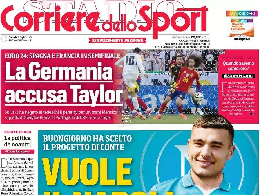 Corriere dello Sport apre con Buongiorno: "Vuole il Napoli"