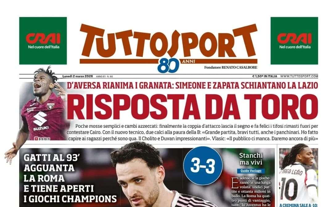 Da 1-3 a 3-3, Tuttosport: "Core de Juve”