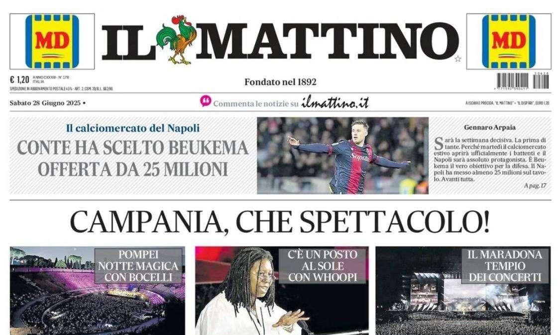 Il Mattino in taglio alto: "Conte ha scelto Beukema, offerta da 25mln"