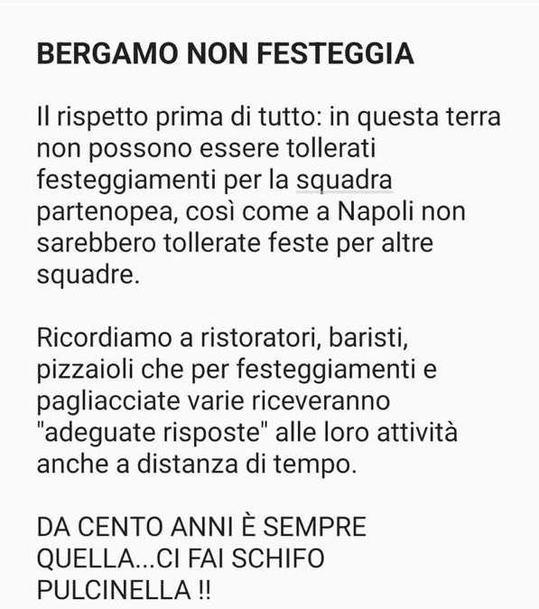 FOTO - Vergogna a Bergamo! Spunta un volantino minatorio: "Pulcinella ci fai schifo! Qui non si festeggia il Napoli"