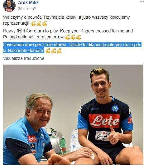 FOTO - Milik avanti con la riabilitazione: "Lavorando duro per il mio ritorno, tenete le dita incrociate!"