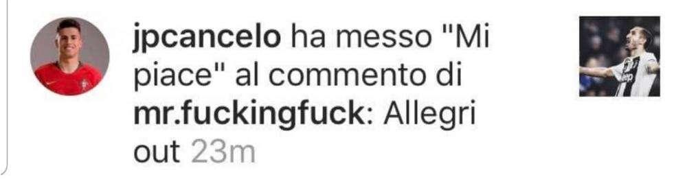 FOTO - Caso Cancelo in casa Juventus, il terzino strizza l'occhio ad un commento polemico: "Allegri out!"