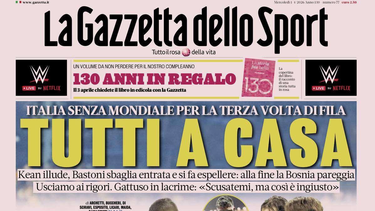 Italia fuori dai Mondiali 2026, la Gazzetta dello Sport: "Tutti a casa"