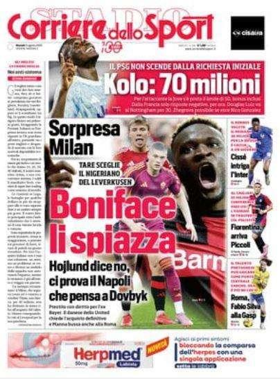 Corriere dello Sport: "Hojlund dice no al Milan, ci prova il Napoli che pensa a Dovbyk"