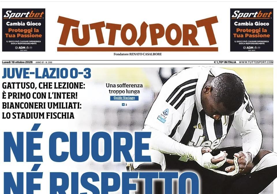 Juventus umiliata dalla Lazio, Tuttosport: "Né cuore né rispetto"