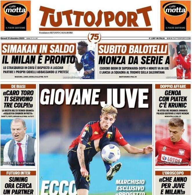 PRIMA PAGINA - Tuttosport: "Juve-Rovella e Piatek al Genoa"