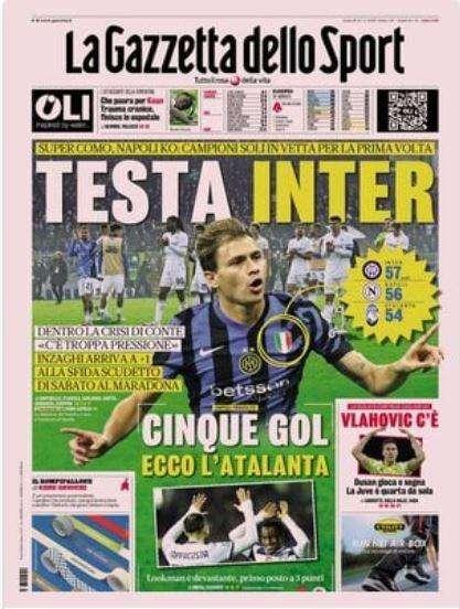 La Gazzetta dello Sport: "Napoli ko, Inter da sola in vetta"
