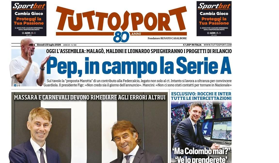 Ko a Dimaro contro l'Arezzo, Tuttosport: "Sconfitta e infortuni, Napoli poco Allegri"