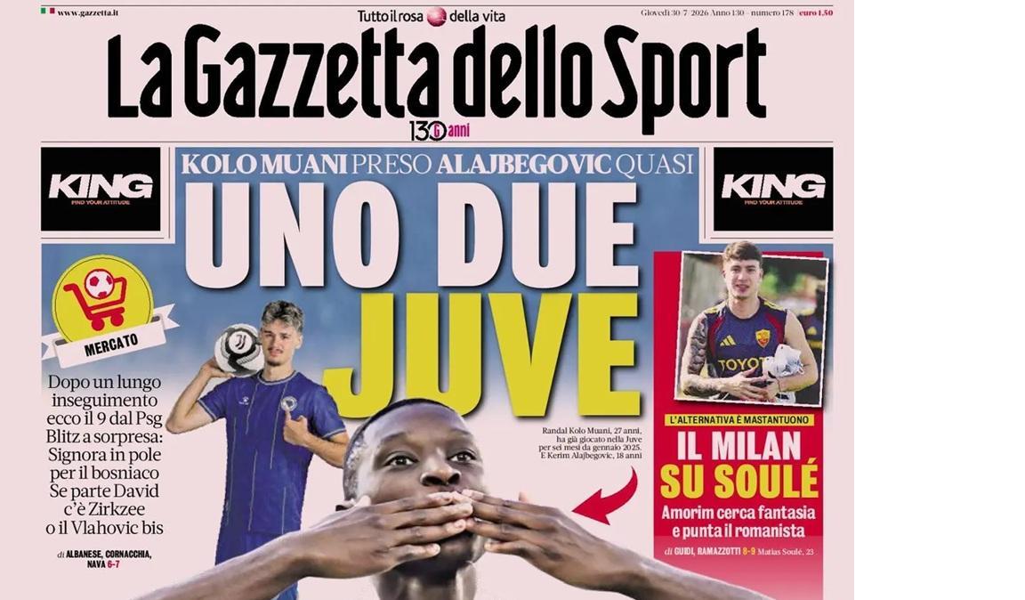 Juve show, La Gazzetta dello Sport: "Doppio colpo per Spalletti. Milan su Soulé"