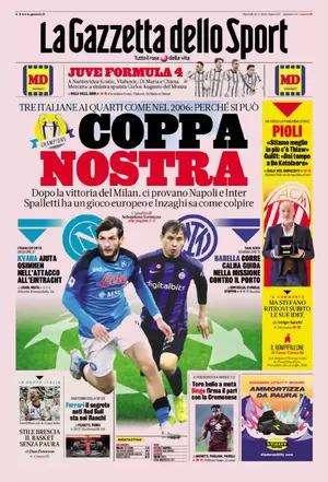 PRIMA PAGINA - Gazzetta sulla Champions: "Coppa nostra. Tre italiane ai quarti come nel 2006?"