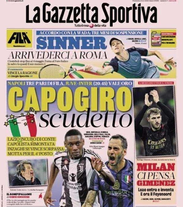 Gazzetta dello Sport: "Capogiro Scudetto, se Inzaghi vince sorpassa Conte"