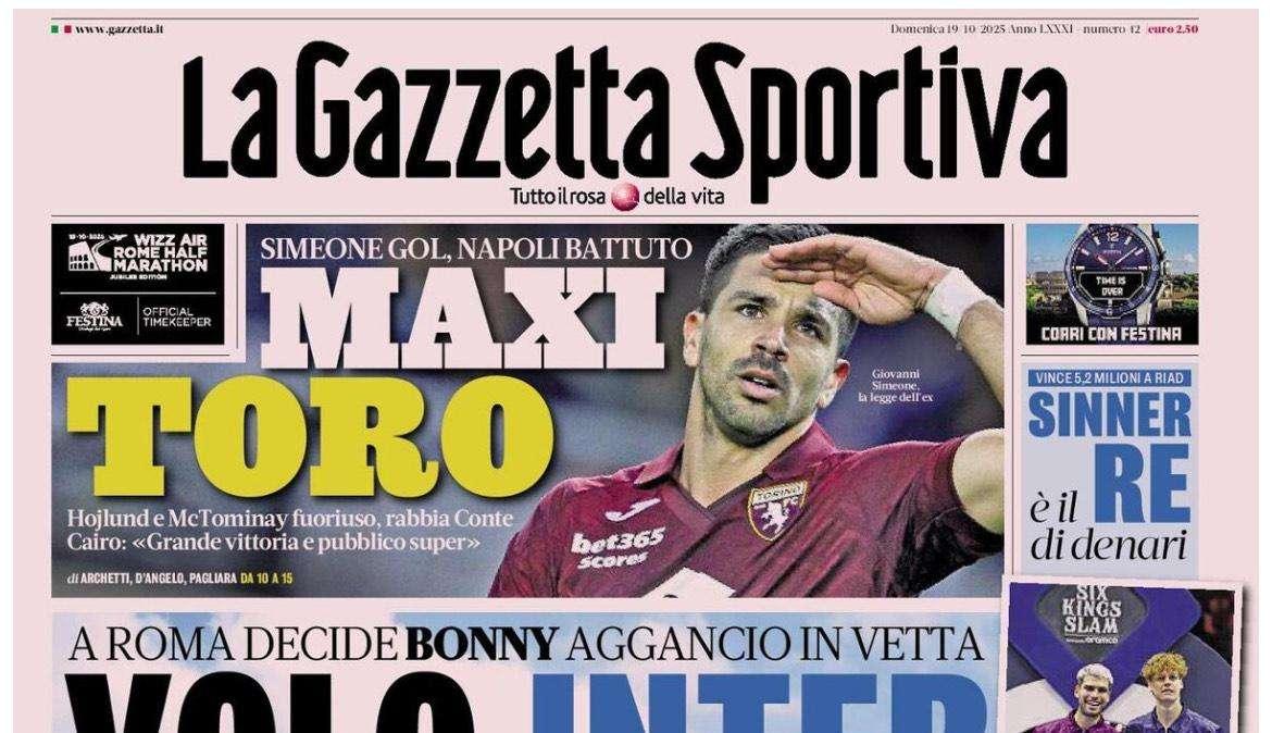 La Gazzetta dello Sport in taglio alto: "Maxi Toro, Napoli battuto"