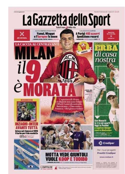 Gazzetta dello Sport: "Milan, il 9 è Morata"