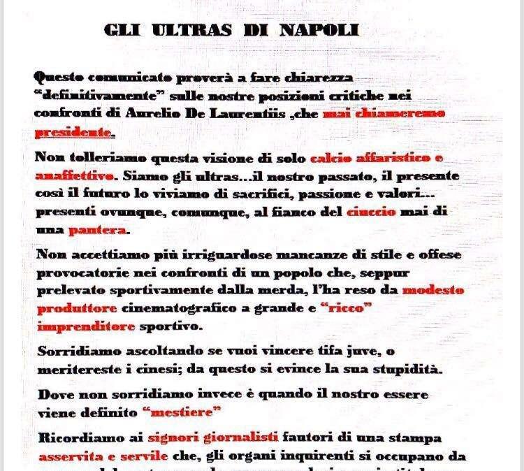 FOTO - Comunicato Curva A e B: "Non chiameremo mai ADL presidente, non tolleriamo calcio affaristico e anaffettivo"