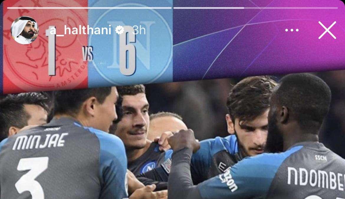 FOTO - Il Napoli devasta l'Ajax: lo sceicco Al Thani esulta sui social 