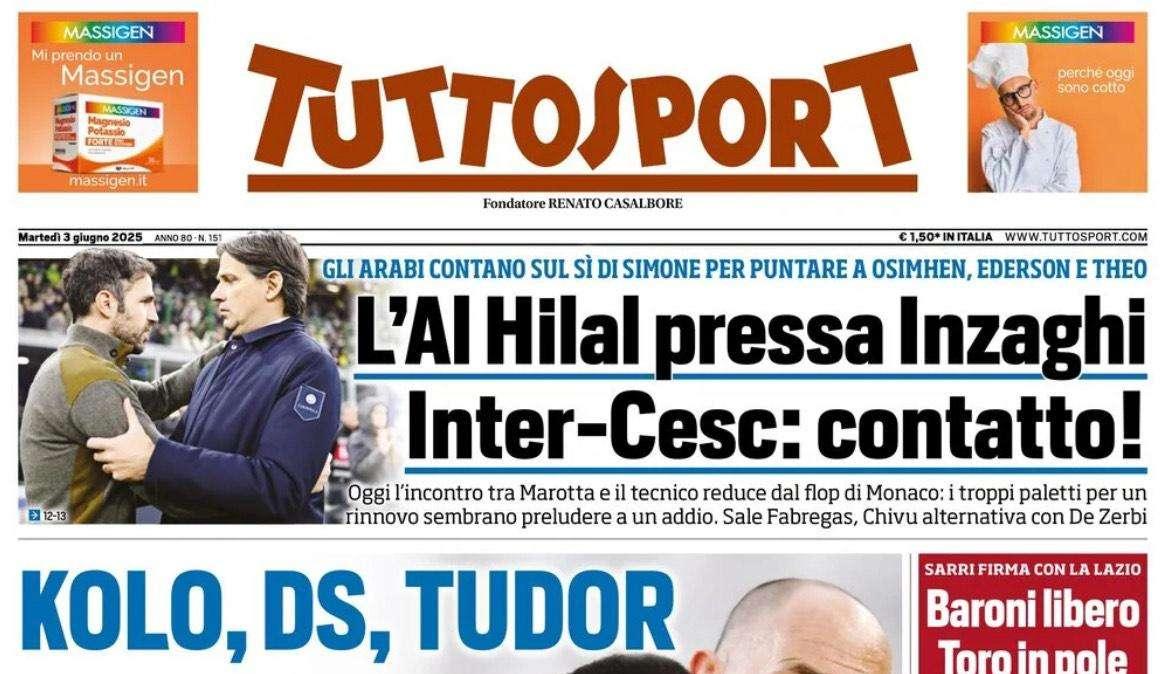 Tuttosport: "Juve, subito tre mosse per Comolli. Inter su Fabregas"