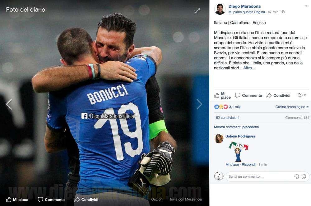 FOTO - Maradona: "Dispiace per l'Italia, ha sempre dato colore ai Mondiali. Ventura ha giocato come voleva la Svezia"