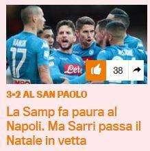 FOTO - Gazzetta: "La Samp fa paura al Napoli, ma Sarri passa il Natale in vetta"