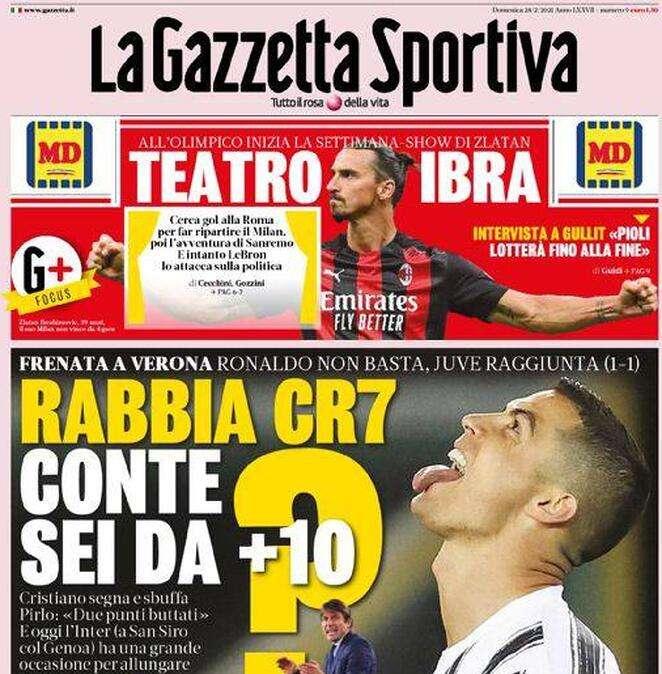 L'apertura de La Gazzetta dello Sport: "Rabbia CR7. Conte, sei da +10"