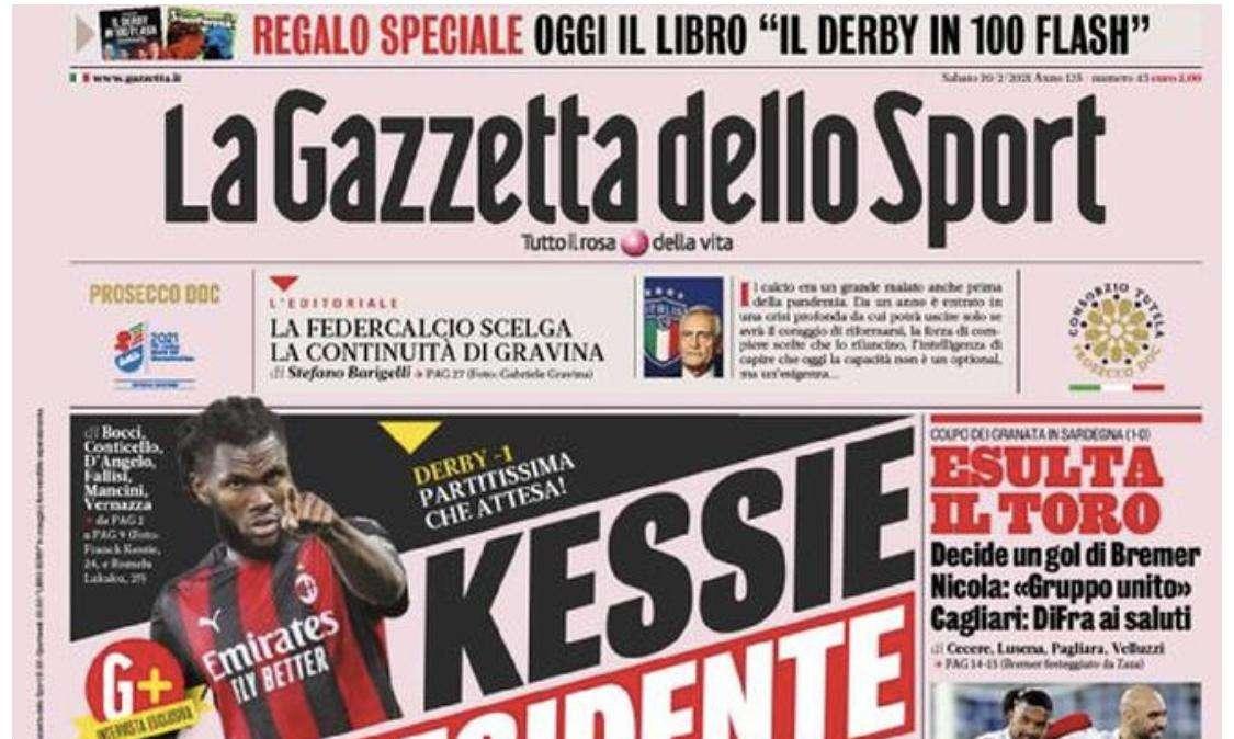 La Gazzetta dello Sport, l'apertura: "Kessie il presidente, Lukaku il capo"