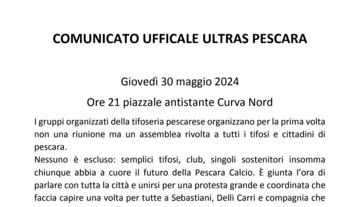 Comunicato Ufficiale Ultras Pescara: "Sebastiani Vattene" 
