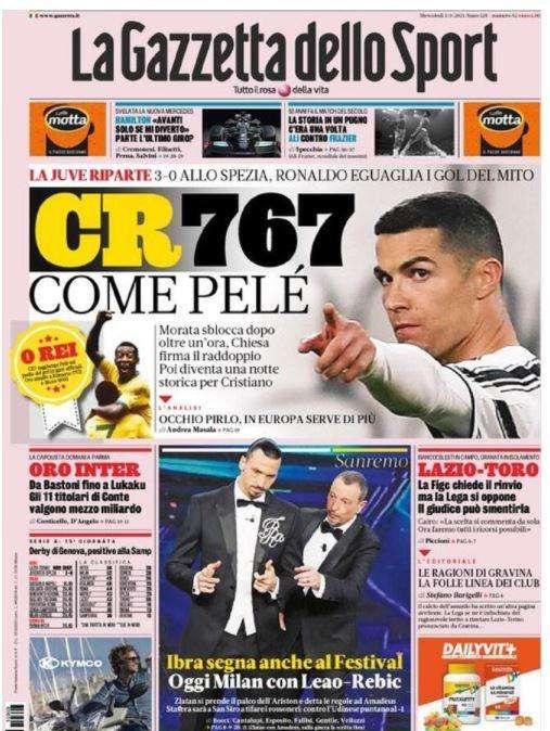 L'apertura de La Gazzetta dello Sport: "CR767 come Pelé"