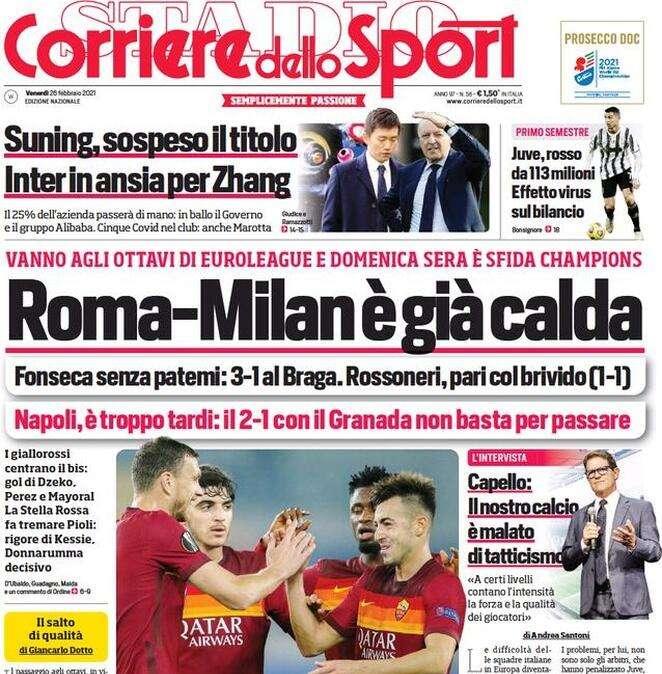 L'apertura del Corriere dello Sport: "Roma-Milan è già calda"