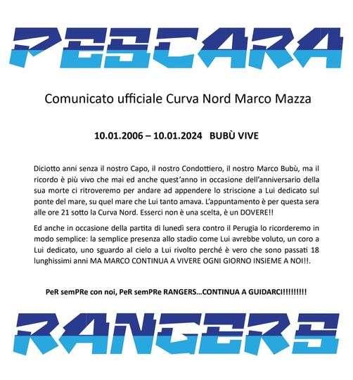 COMUNICATO "PESCARA RANGERS 1976" IN RICORDO DI MARCO MAZZA "BUBU'"