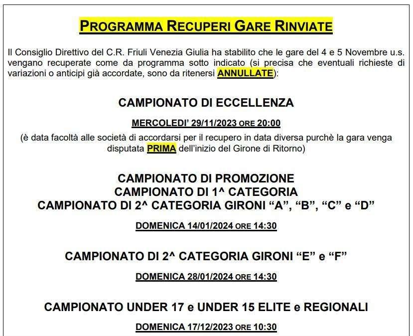 Dilettanti: definite le date dei recuperi delle partite del 4 e 5 novembre. Il comunicato