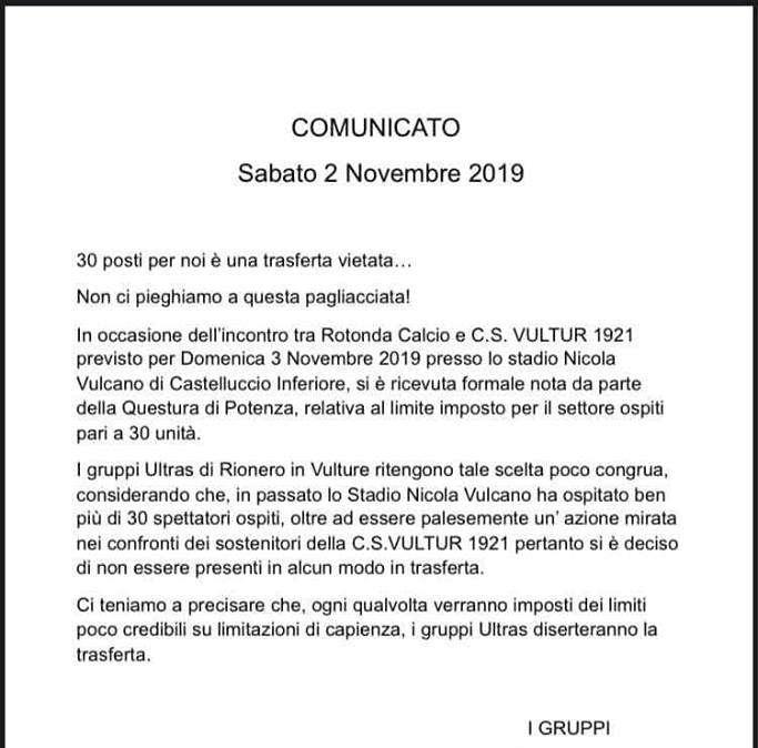 I tifosi del Rionero rinunciano alla trasferta di Castelluccio.