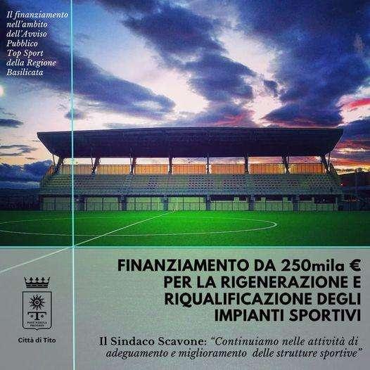 Tito, il Comune ottiene un finanziamento da 250 mila euro per la rigenerazione e riqualificazione degli impianti sportivi