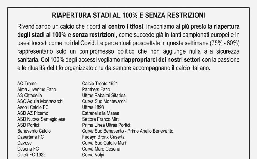 Stadi si va verso il 75% di presenze, gli ultras chiedono la riapertura totale