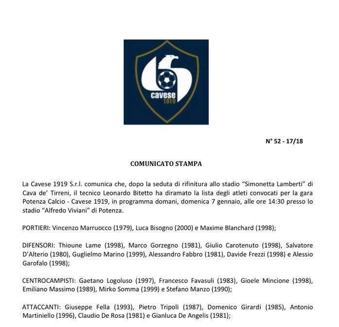 Cavese: i convocati di mister Bitetto contro il Potenza...