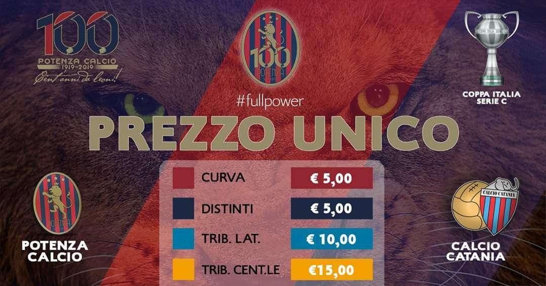 Prezzo unico per la gara di coppa tra Potenza e Catania