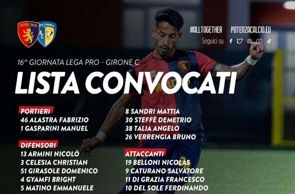 Potenza, i convocati di mister Raffaele in vista del match con il Cerignola